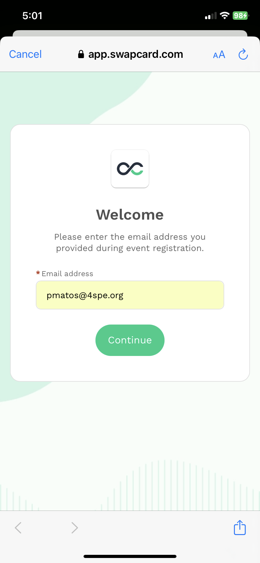 Step 1: Enter your email address to begin accessing the event app.